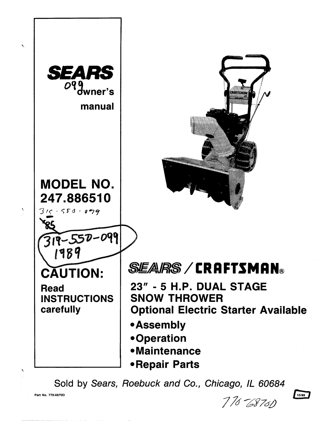 Sears 247 886510 manual 
