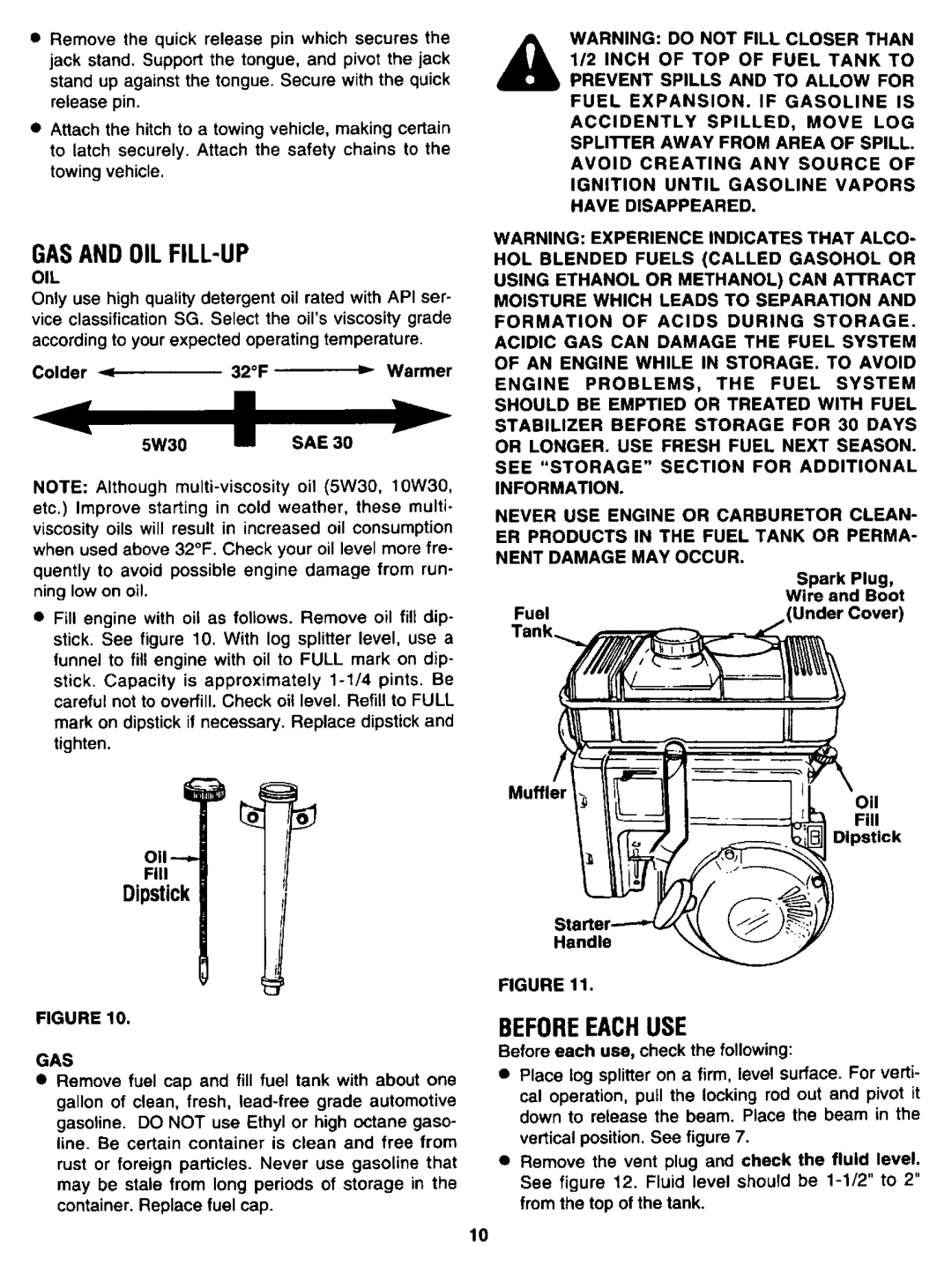 Sears 247.34625 owner manual Gasand OIL FILL-UP, Beforeeachuse, Dipstick 