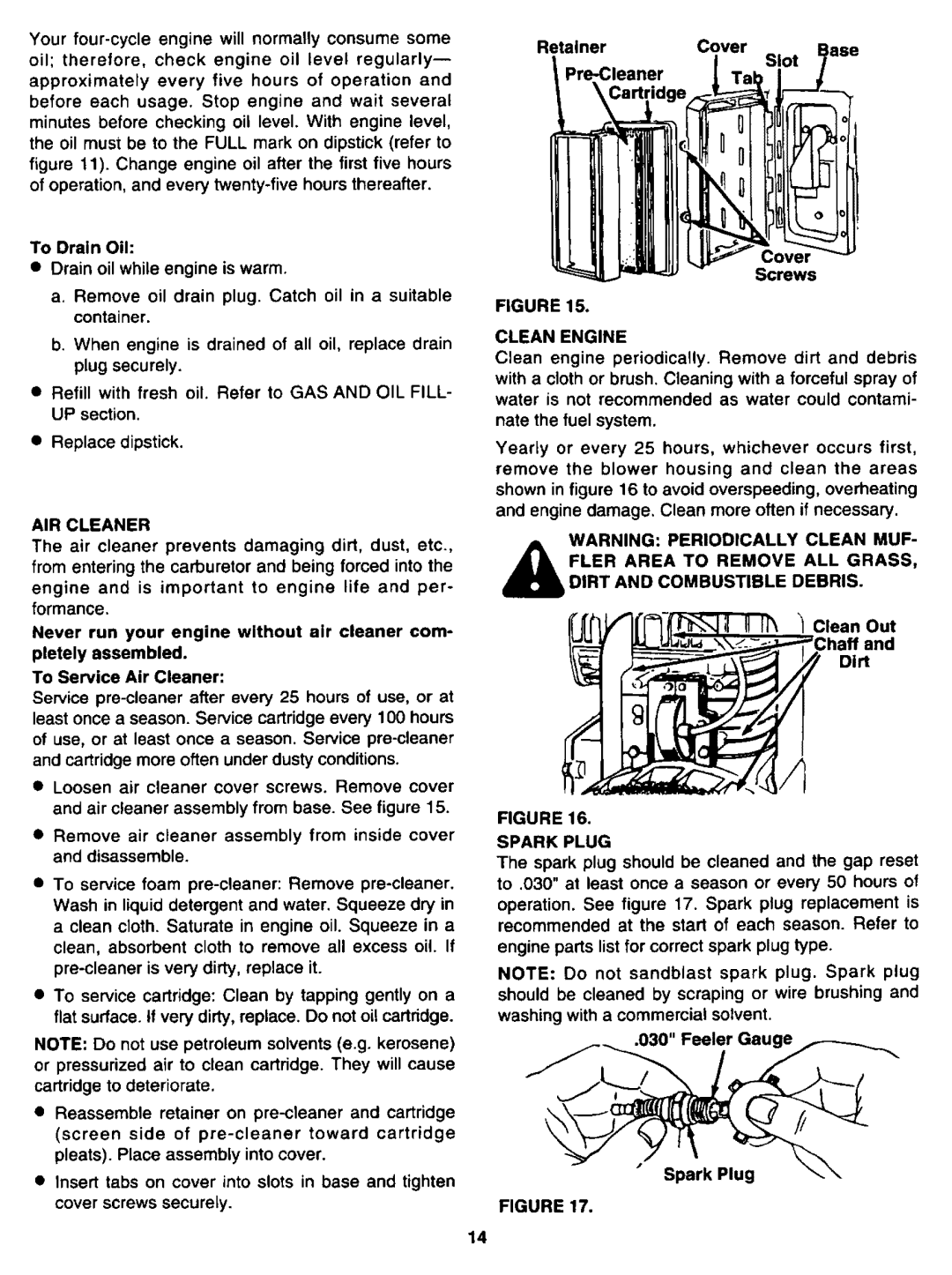 Sears 247.34625 owner manual Retainer Cover, AIR Cleaner, Clean Engine, Clean Out Dirt, Spark Plug 