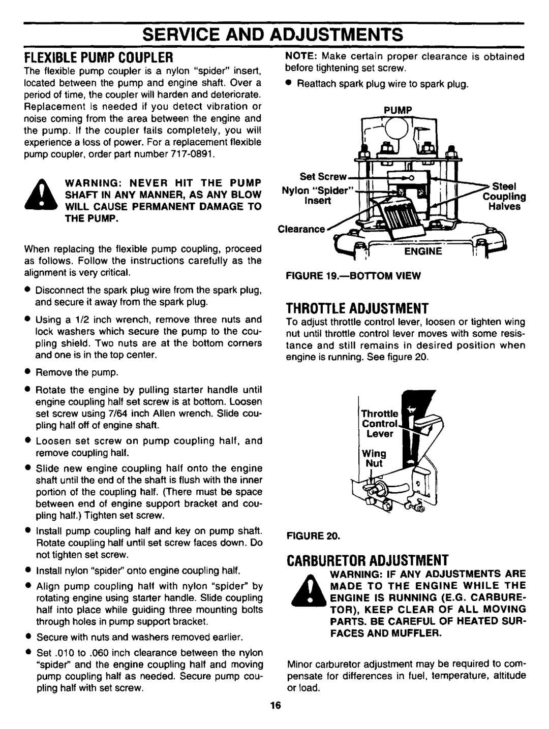 Sears 247.34625 owner manual Service, Adjustments, Carburetoradjustment, Flexiblepump Coupler, Throttleadjustment 