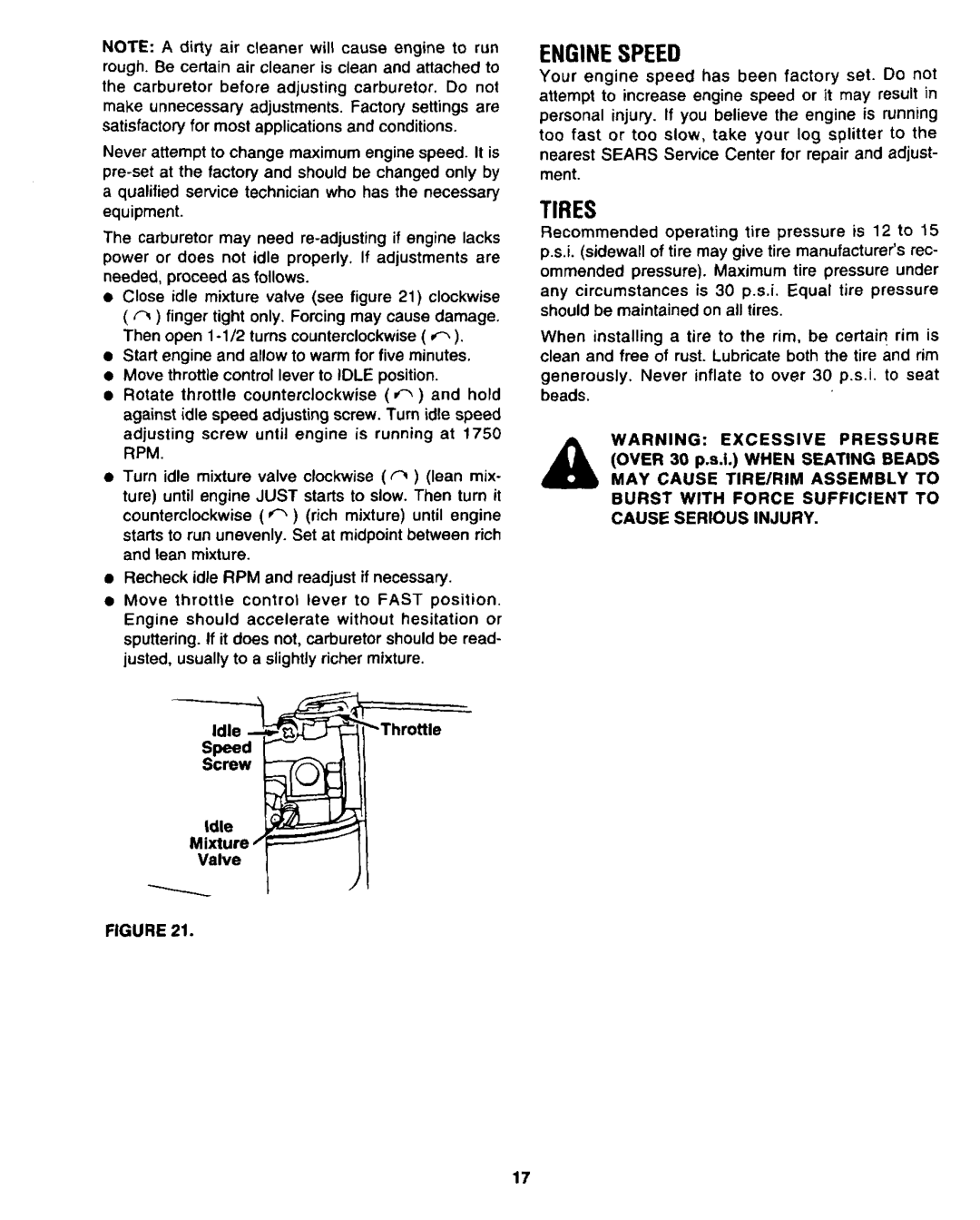 Sears 247.34625 owner manual Enginespeed, Tires, Rpm, Idle Speed Screw Valve 