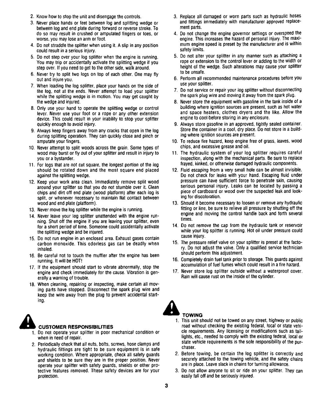 Sears 247.34625 owner manual Customer Responsibilities, Towing 