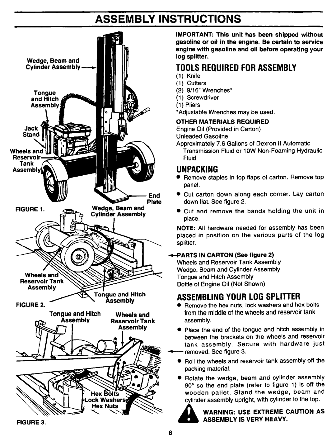 Sears 247.34625 owner manual Assembly Instructions, Toolsrequiredforassembly, Unpacking, Assemblingyour LOG Splitter 