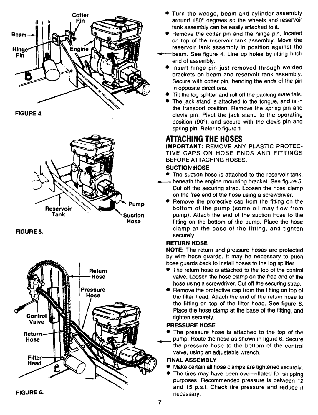 Sears 247.34625 owner manual Attachingthehoses, Place the hose clamp at the base of the fitting, Return Hose, Pressure Hose 