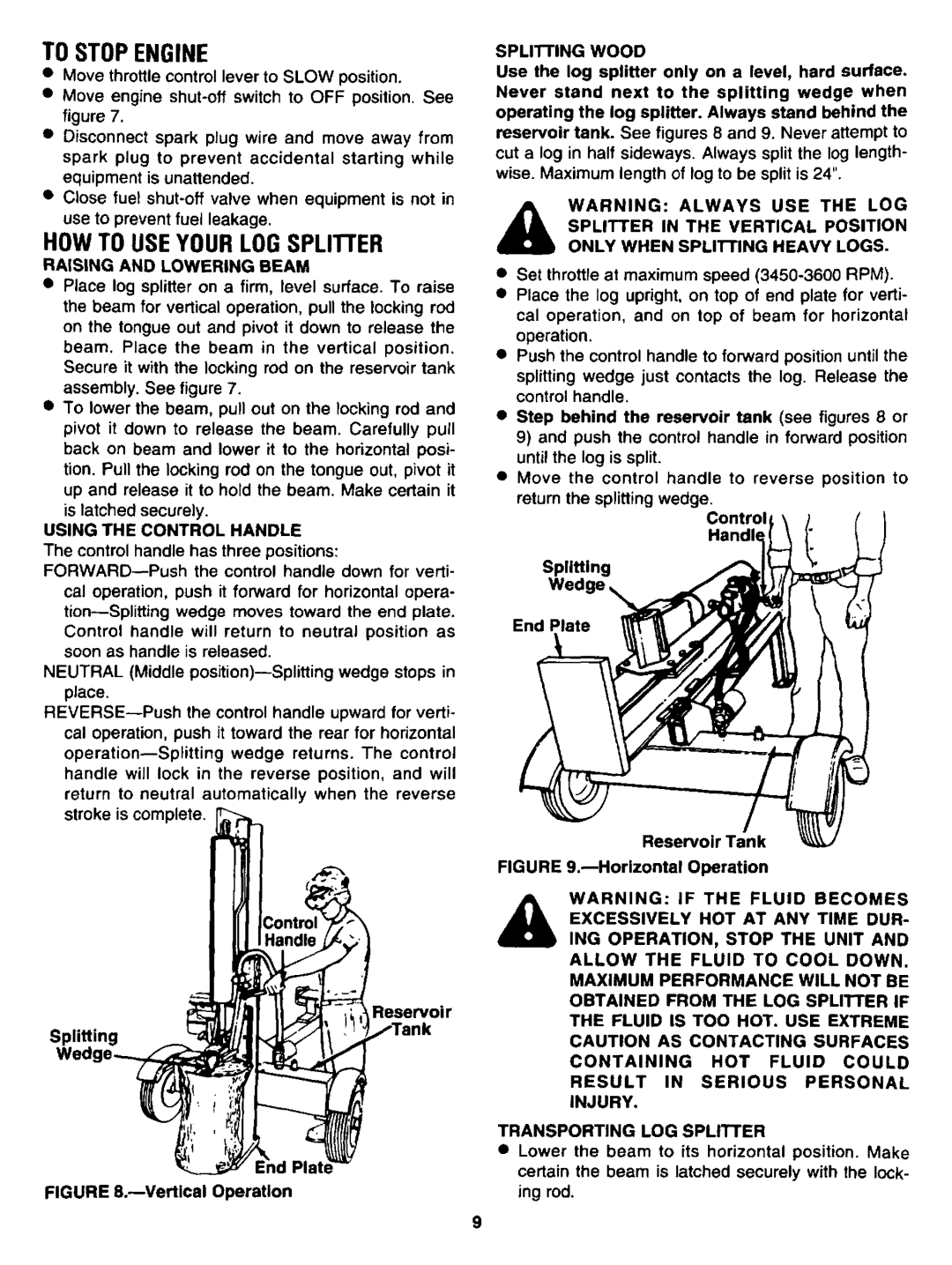 Sears 247.34625 To Stop Engine, HOW to USE Your LOG Splitter, Raising and Lowering Beam, Using the Control Handle 