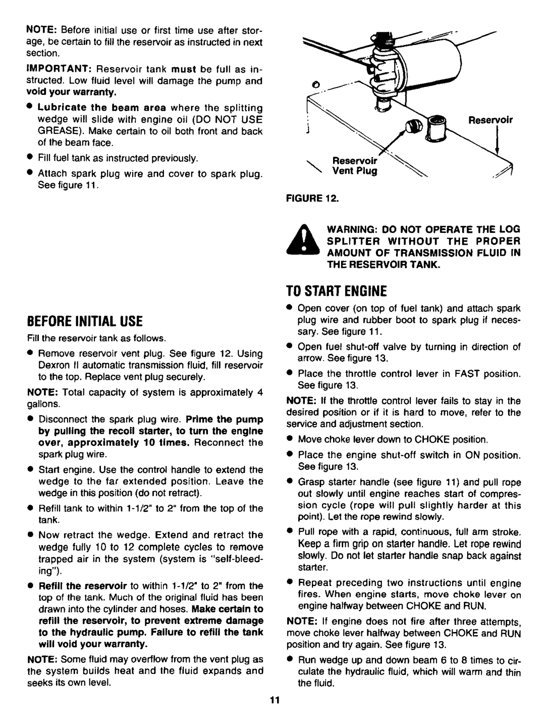 Sears 247.34625 owner manual Tostartengine, Beforeinitial Use 