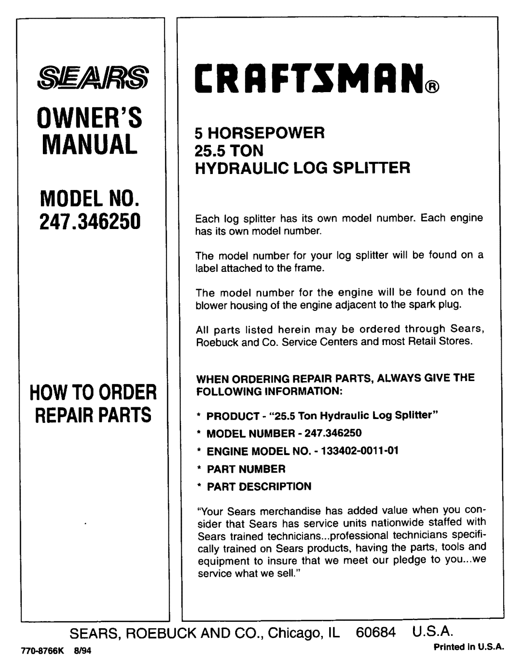 Sears owner manual Owners Manual, Howtoorder Repairparts, Crrftsmrn, MODELNO 247.346250 