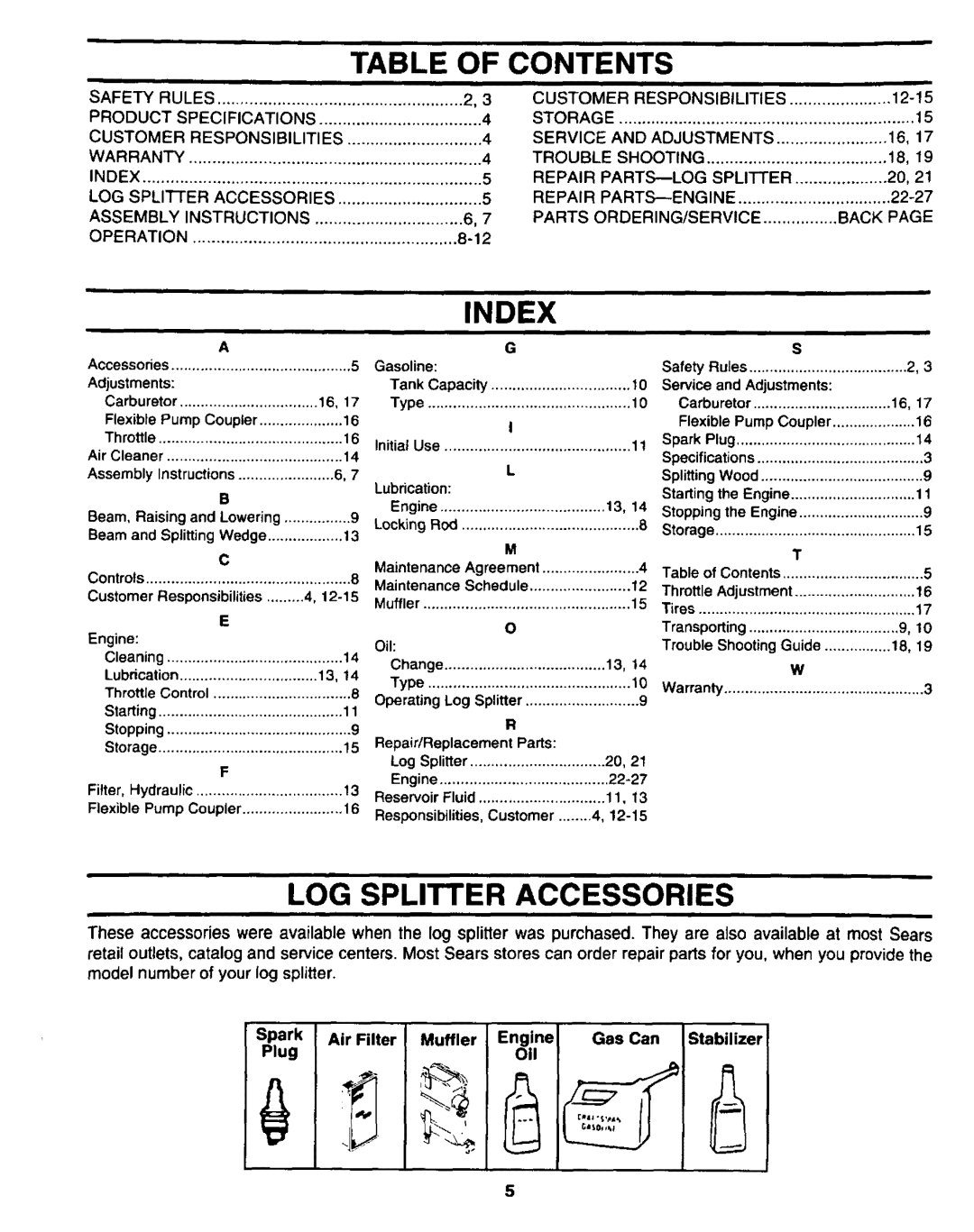 Sears 247.34625 owner manual Index, Log Splitter, Accessories 