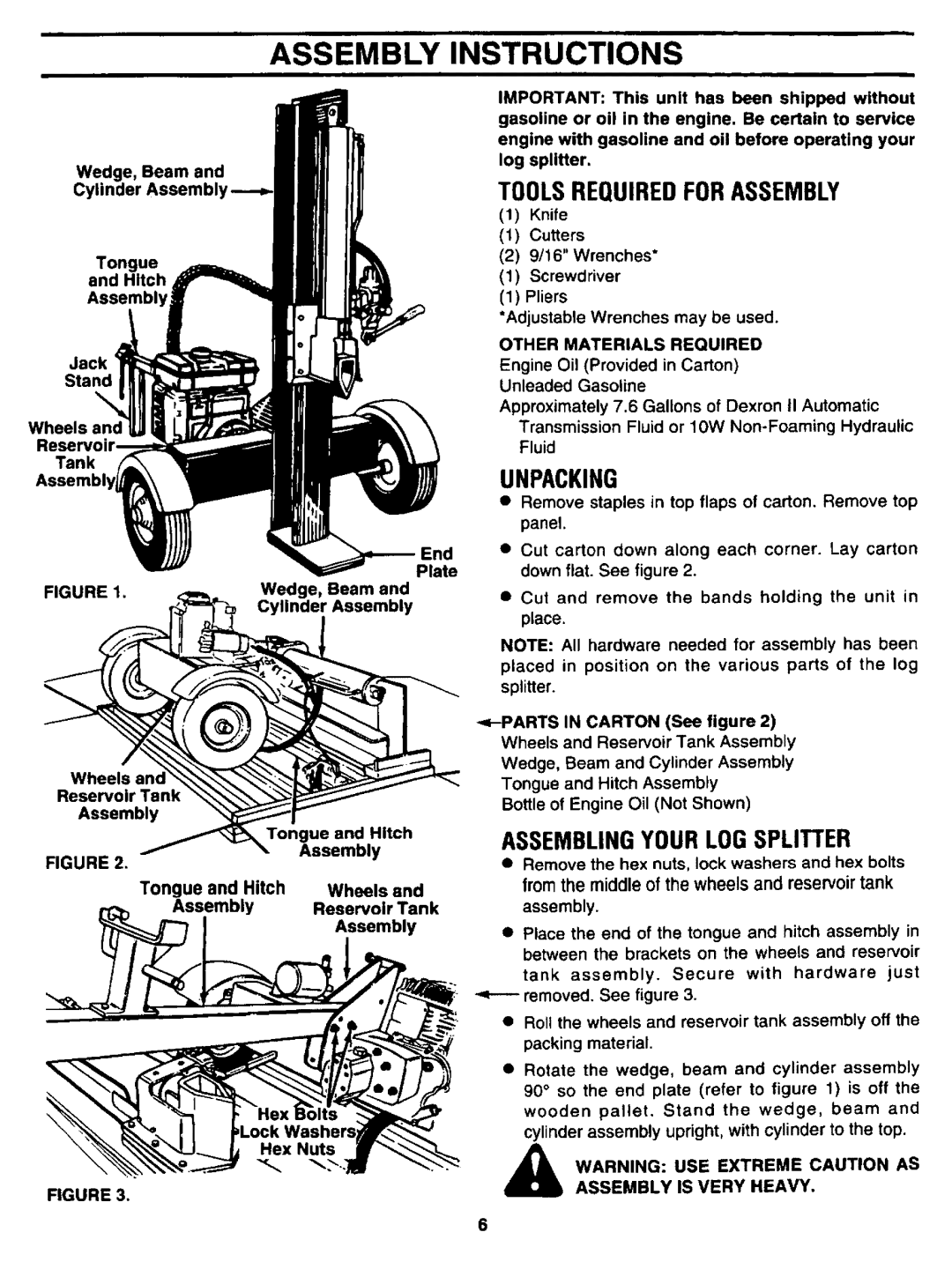 Sears 247.34625 owner manual Assembly, Instructions, Toolsrequiredforassembly, Unpacking, Assemblingyour Log Splitter 