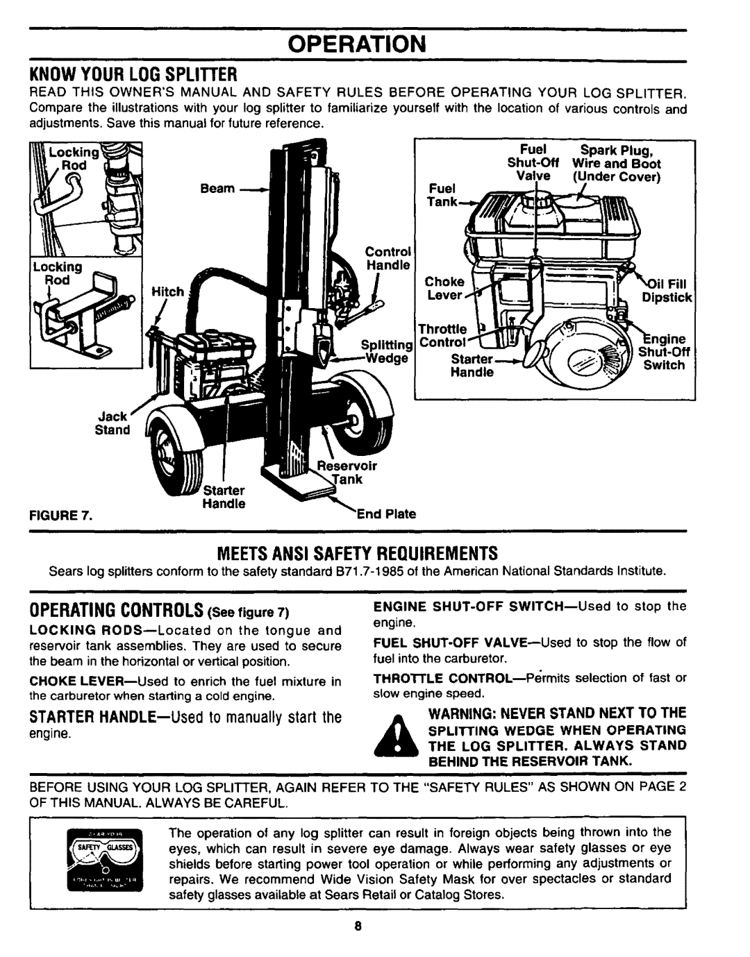 Sears 247.34625 owner manual Operation, Knowyourlogsplitter, OPERATINGCONTROLSSee figure, Meets Ansi Safety Requirements 