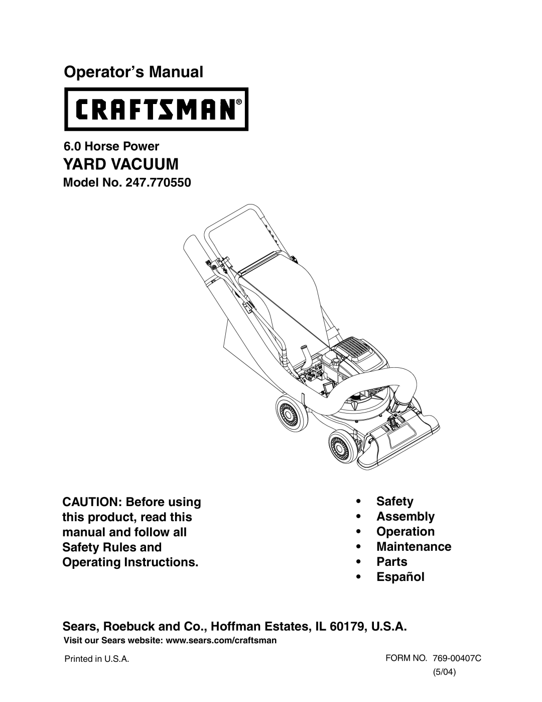 Sears 247.77055 operating instructions Yard Vacuum 