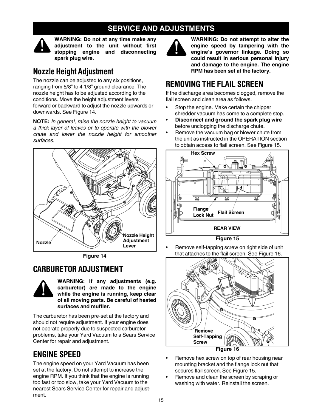 Sears 247.77055 Carburetor Adjustment, Engine Speed, Removing the Flail Screen, Service and Adjustments 