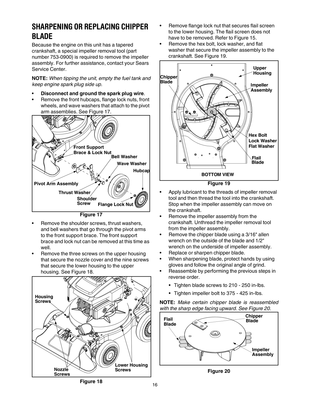 Sears 247.77055 operating instructions Sharpening or Replacing Chipper Blade, Disconnect and ground the spark plug wire 