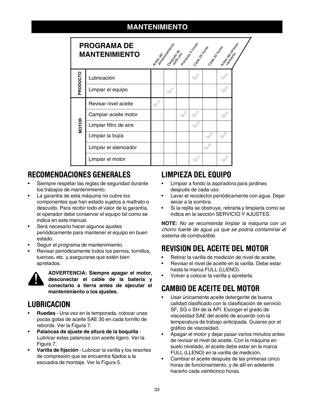 Sears 247.77055 Recomendaciones Generales, Lubricacion, Limpieza DEL Equipo, Revision DEL Aceite DEL Motor 