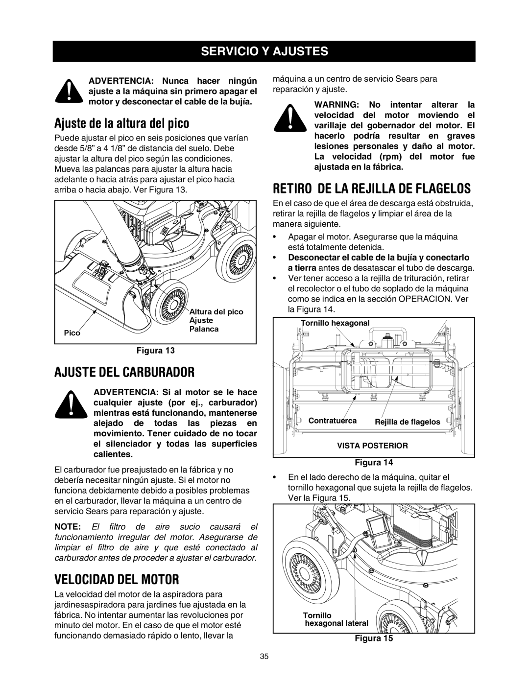 Sears 247.77055 Ajuste DEL Carburador, Velocidad DEL Motor, Retiro DE LA Rejilla DE Flagelos, Servicio Y Ajustes 