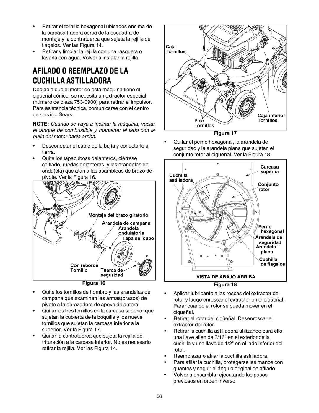 Sears 247.77055 operating instructions Afilado O Reemplazo DE LA Cuchilla Astilladora 