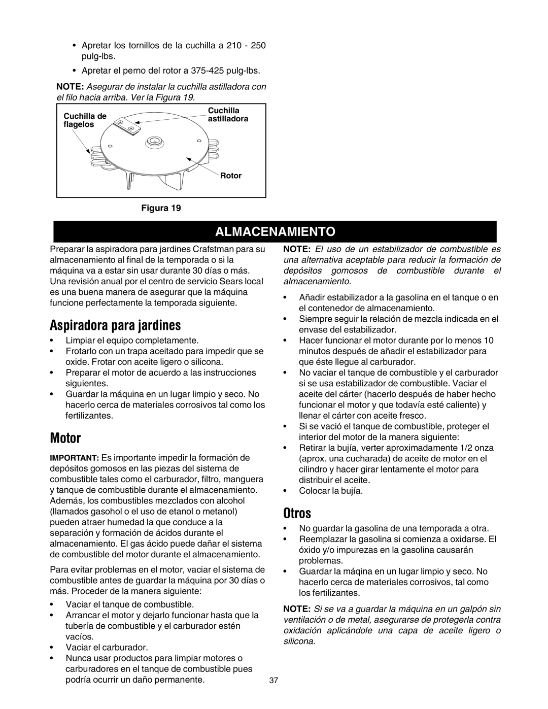 Sears 247.77055 operating instructions Aspiradora para jardines, Motor, Otros, Almacenamiento 