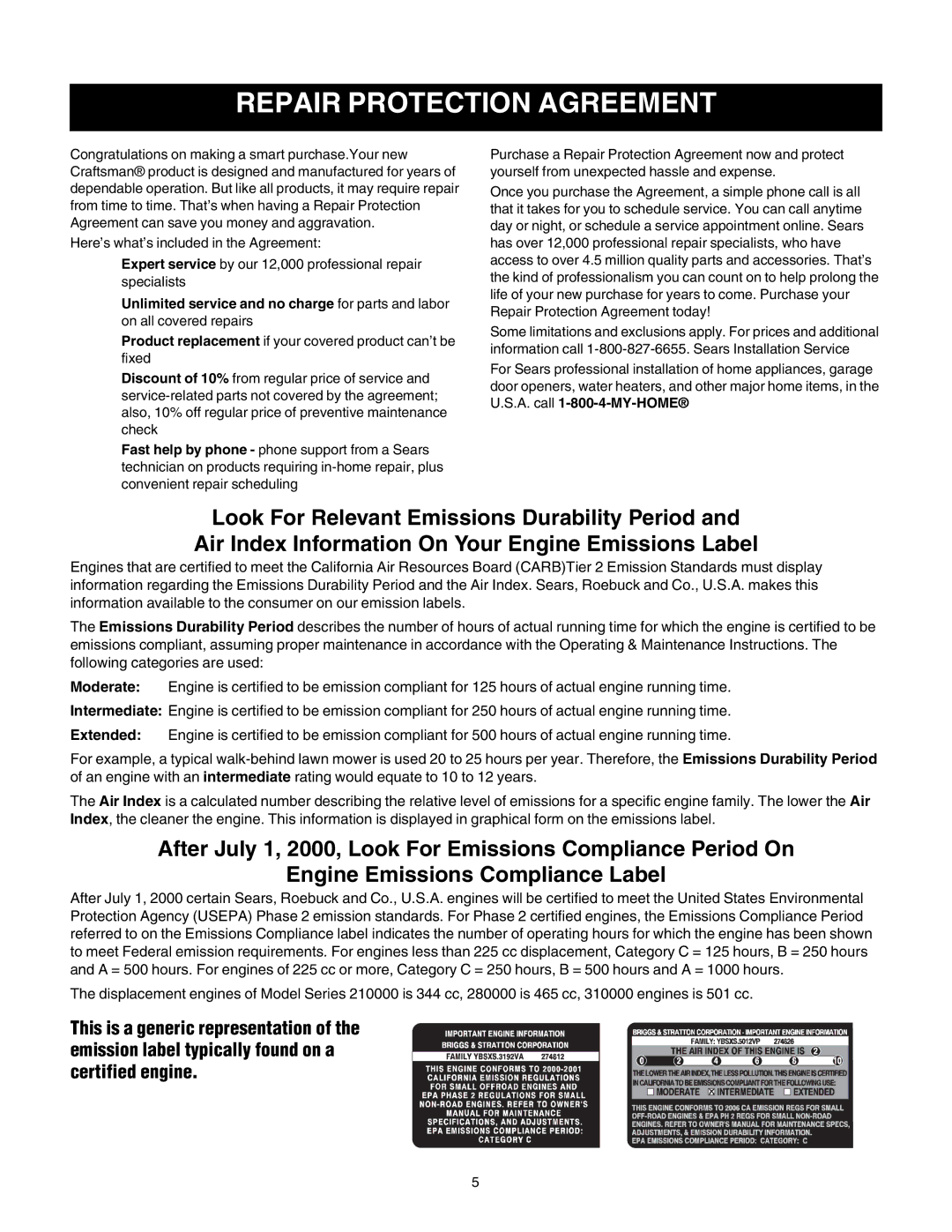 Sears 247.77055 operating instructions Repair Protection Agreement 