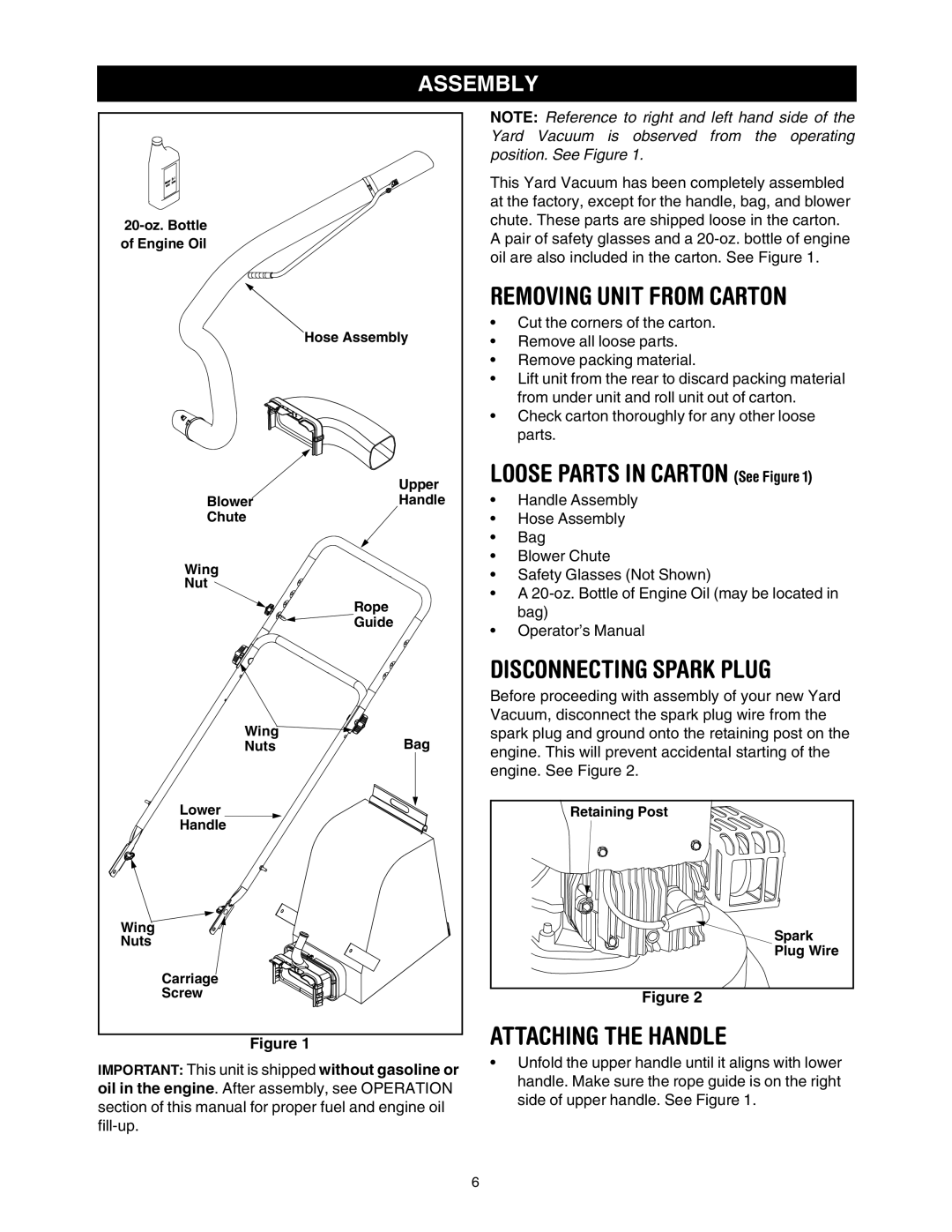 Sears 247.77055 Removing Unit from Carton, Loose Parts in Carton See Figure, Disconnecting Spark Plug, Assembly 