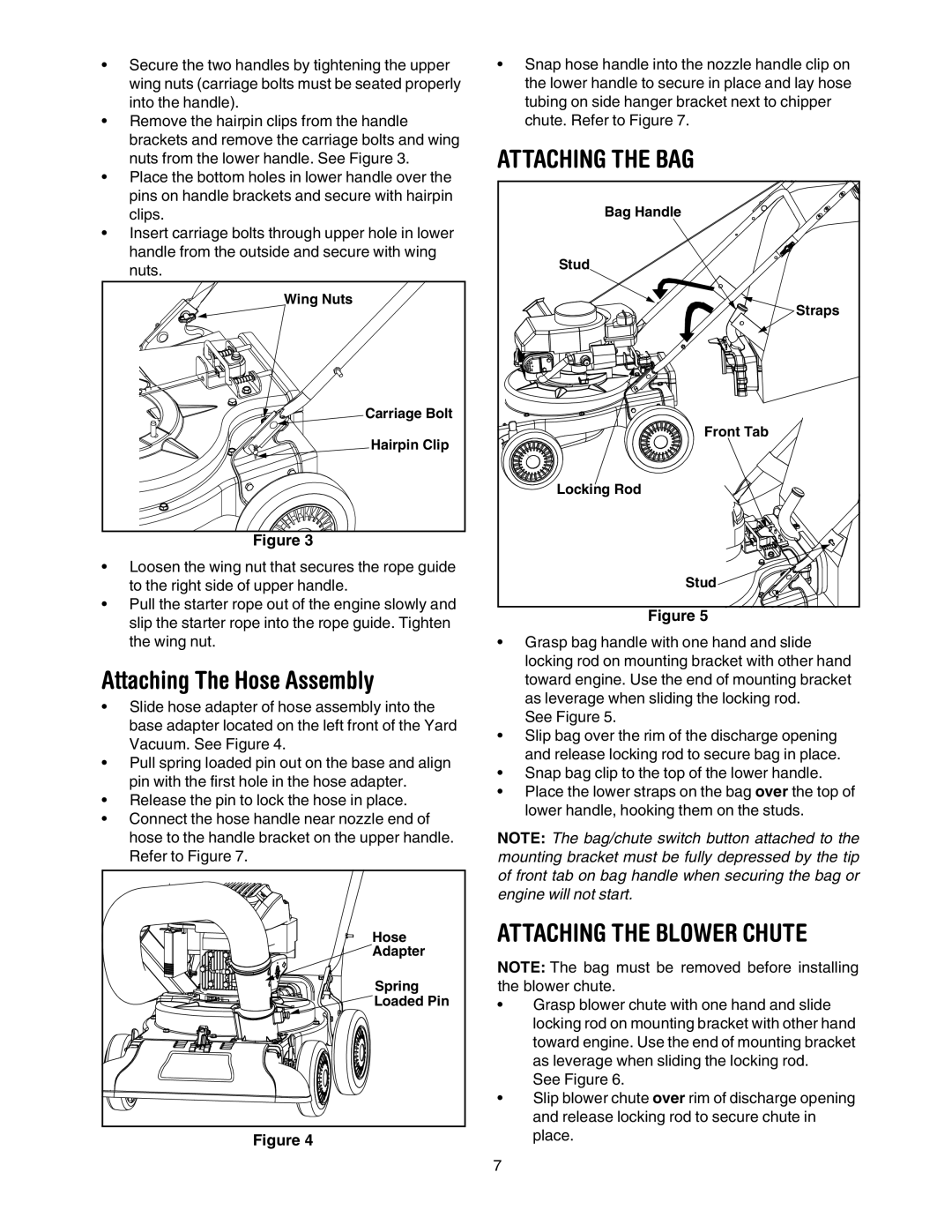 Sears 247.77055 operating instructions Attaching The Hose Assembly, Attaching the BAG, Attaching the Blower Chute 