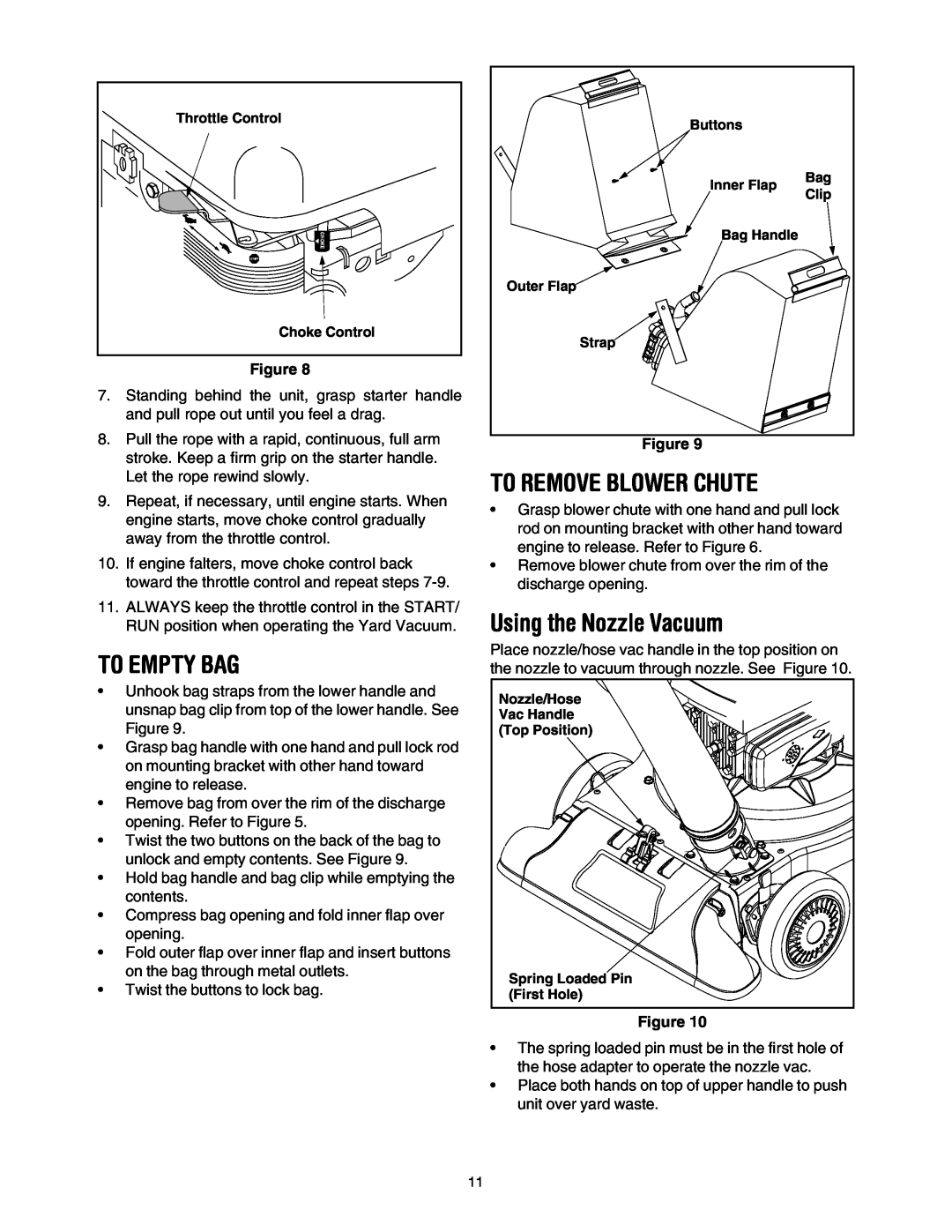 Sears 247.77055 operating instructions To Empty Bag, To Remove Blower Chute, Using the Nozzle Vacuum 