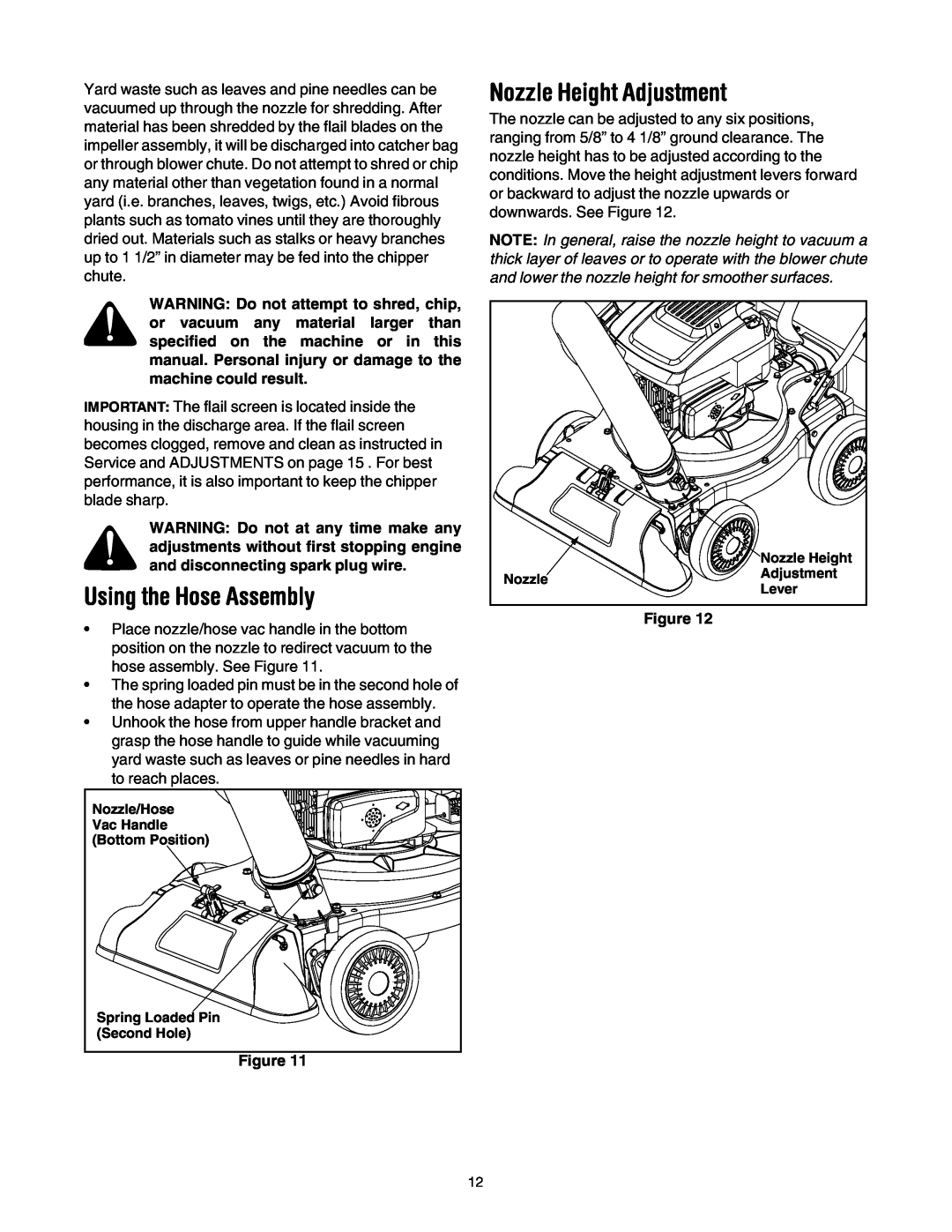 Sears 247.77055 operating instructions Using the Hose Assembly, Nozzle Height Adjustment 