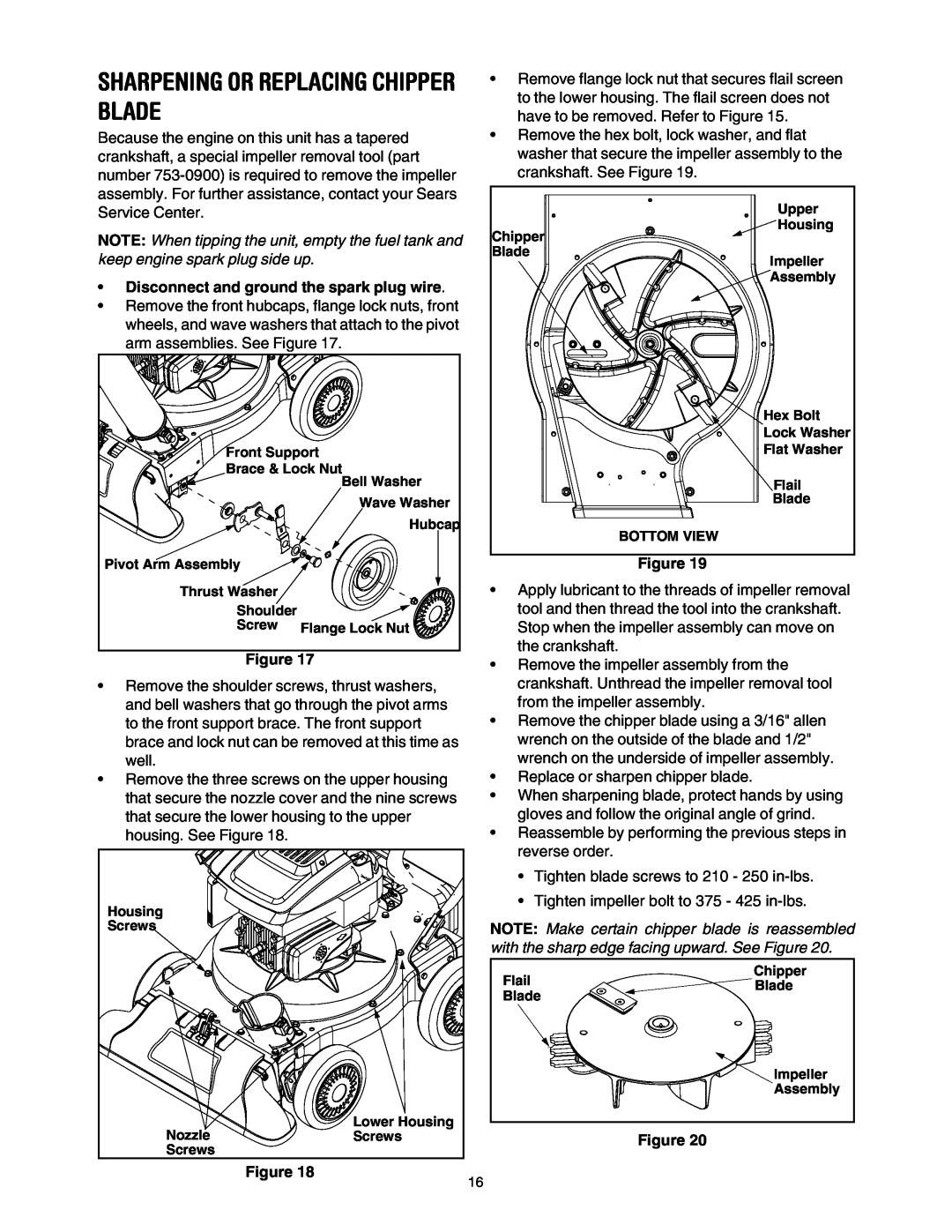 Sears 247.77055 operating instructions Sharpening Or Replacing Chipper Blade, Disconnect and ground the spark plug wire 