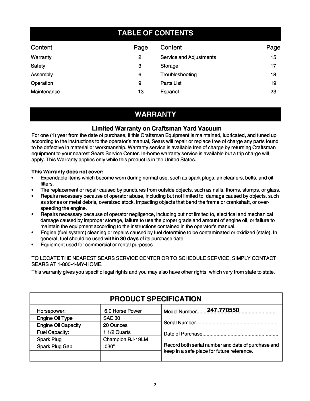 Sears Table Of Contents, Product Specification, Page, Limited Warranty on Craftsman Yard Vacuum, 247.770550 