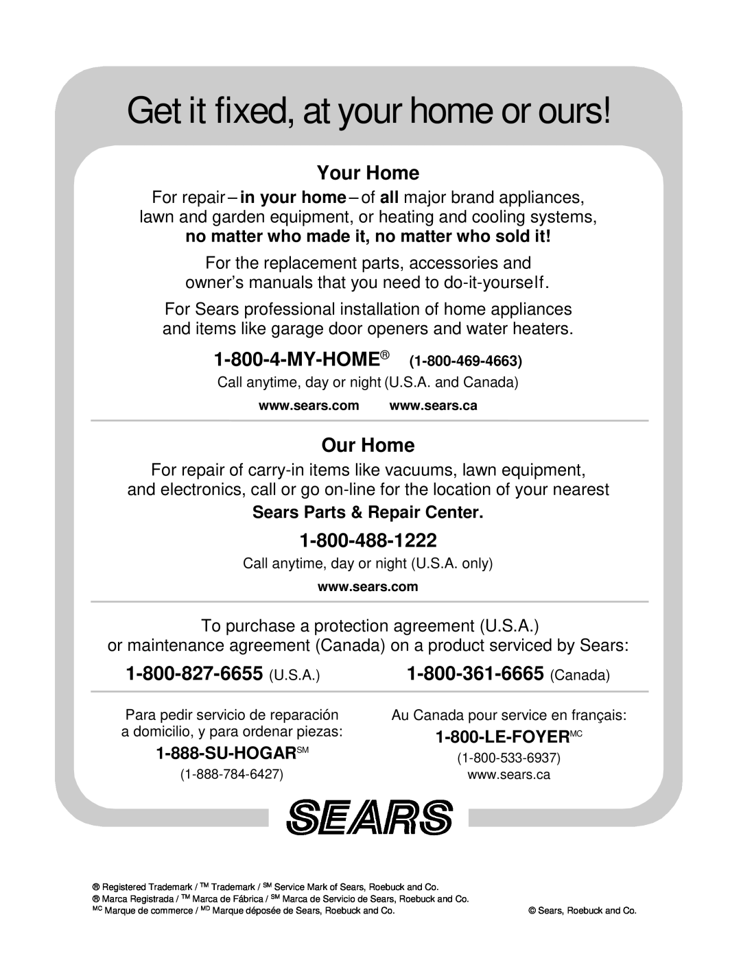 Sears 247.77055 Sears Parts & Repair Center, Su-Hogarsm, Le-Foyermc, Get it fixed, at your home or ours, Your Home 