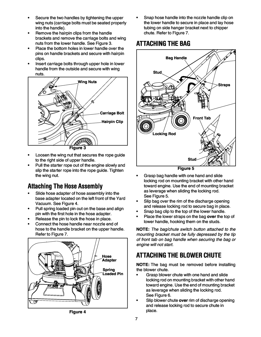Sears 247.77055 operating instructions Attaching The Hose Assembly, Attaching The Bag, Attaching The Blower Chute 