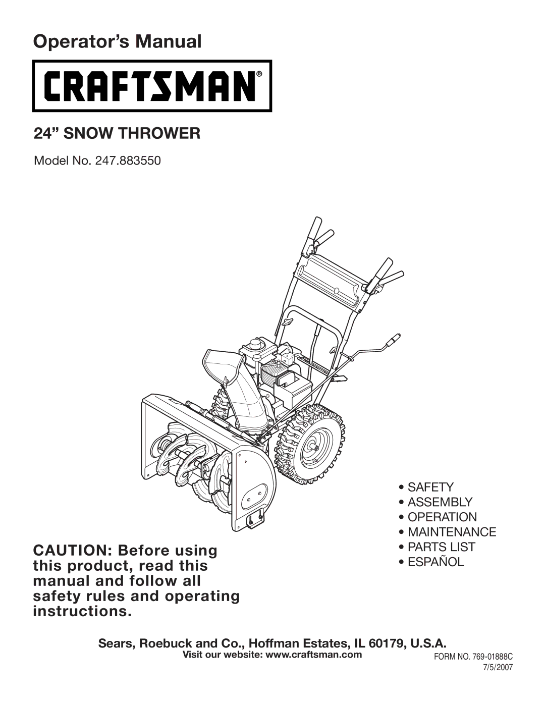 Sears 247.88355 operating instructions Operator’s Manual, 2007 