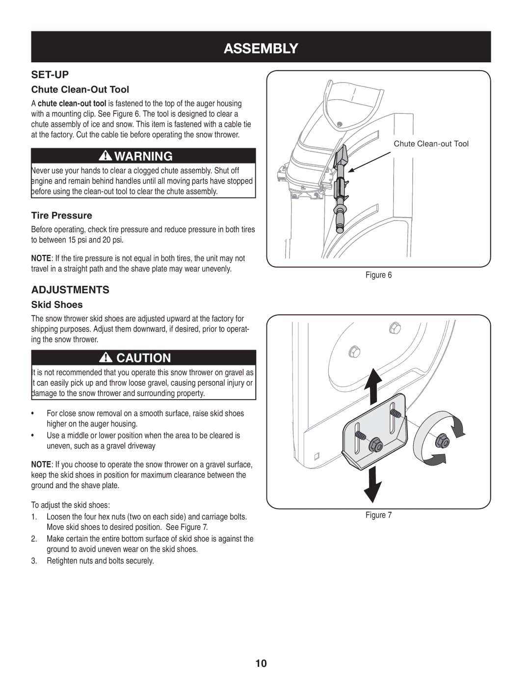 Sears 247.88355 operating instructions Set-Up, Adjustments, Chute Clean-Out Tool, Tire Pressure, Skid Shoes 