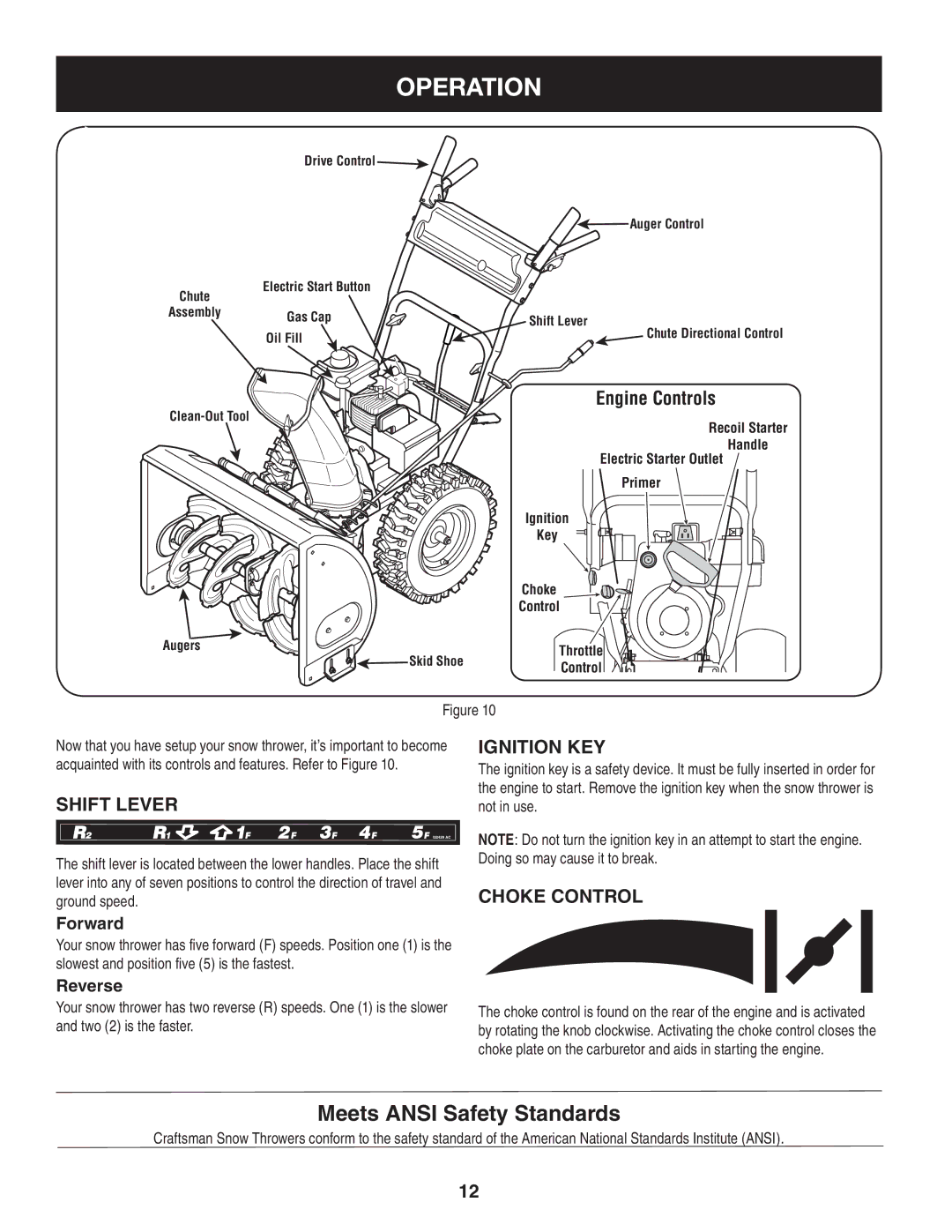 Sears 247.88355 operating instructions Operation, Engine Controls, Shift Lever, Ignition Key, Choke Control 