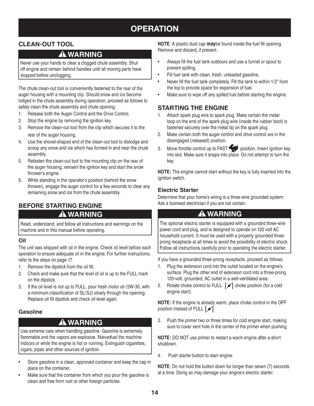 Sears 247.88355 operating instructions Clean-Out Tool, Before Starting Engine, Starting The Engine 