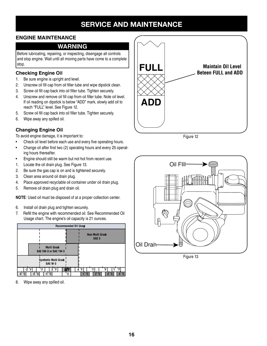 Sears 247.88355 operating instructions Service and Maintenance, Checking Engine Oil, Changing Engine Oil 