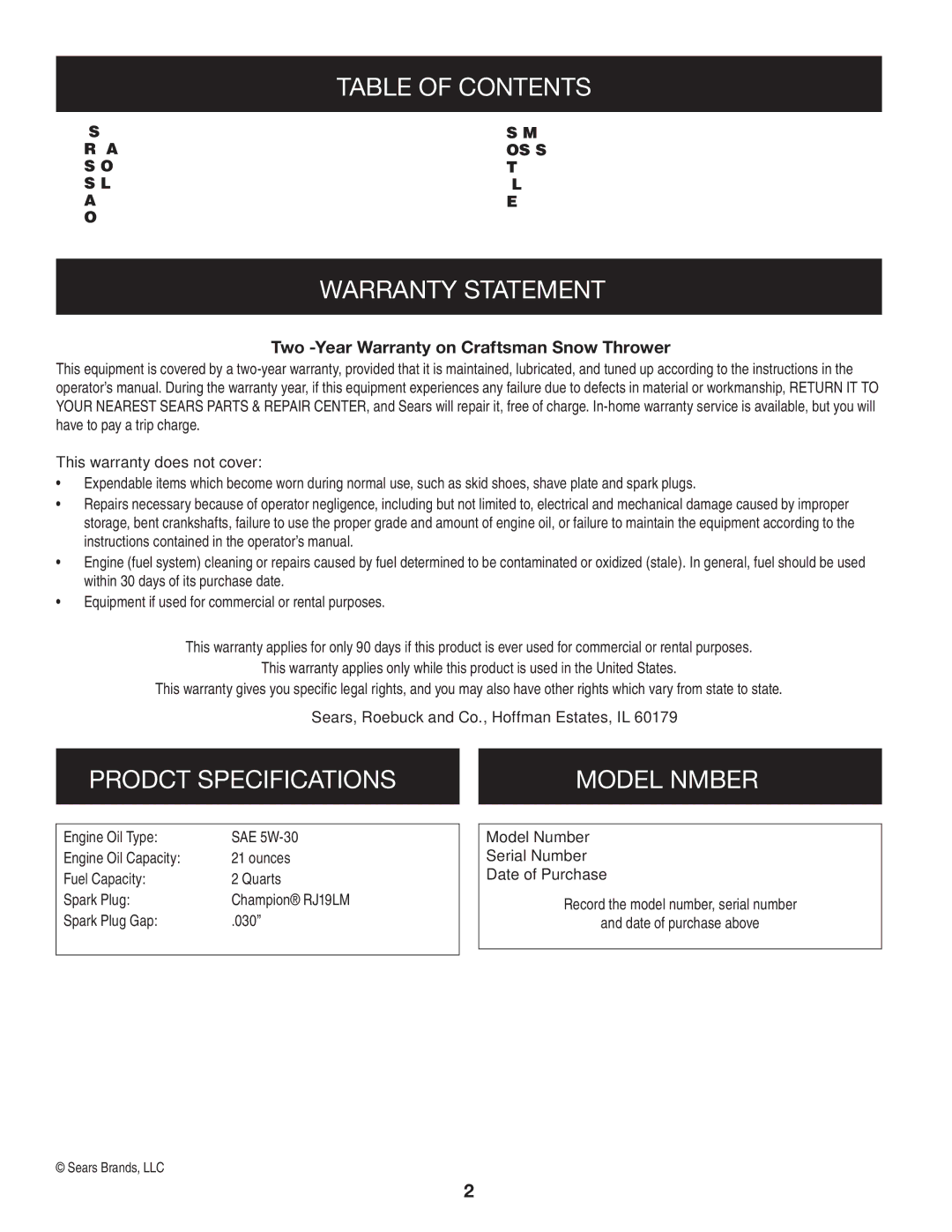 Sears 247.88355 operating instructions Table of Contents, Warranty Statement, Product Specifications Model Number 