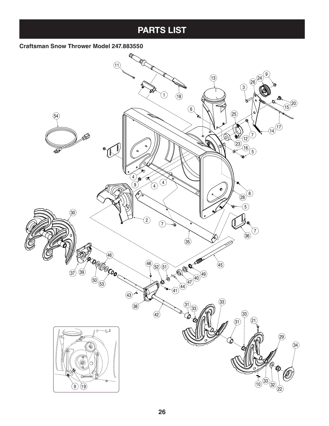 Sears 247.88355 operating instructions Parts List, Craftsman Snow Thrower Model 