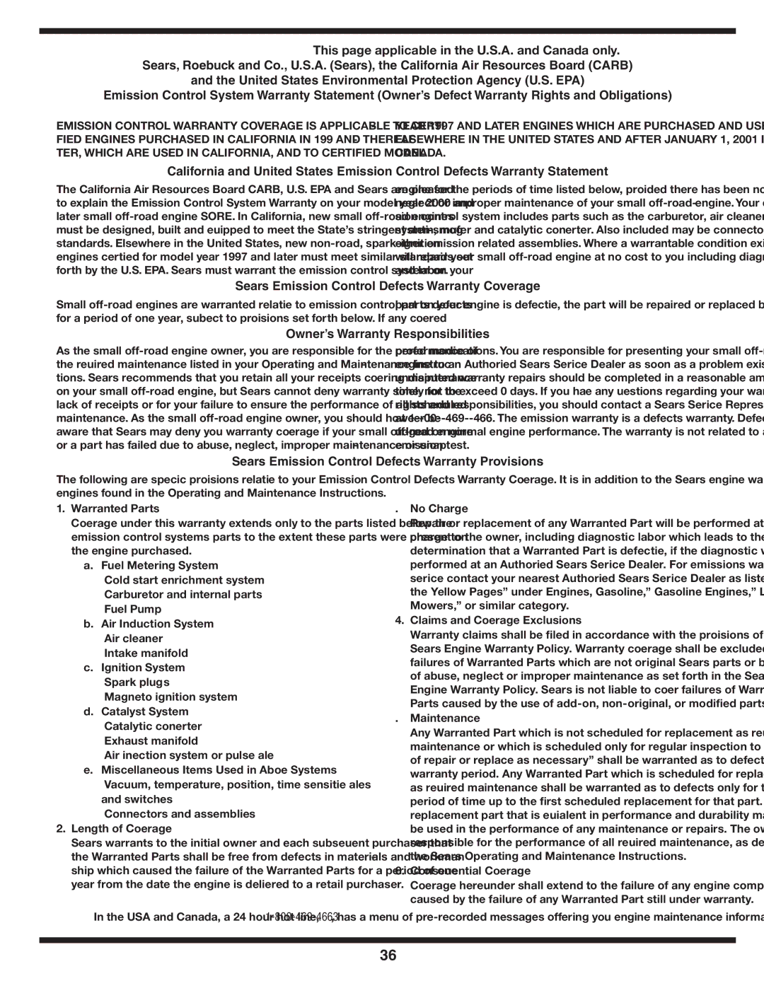 Sears 247.88355 This page applicable in the U.S.A. and Canada only, Sears Emission Control Defects Warranty Coverage 