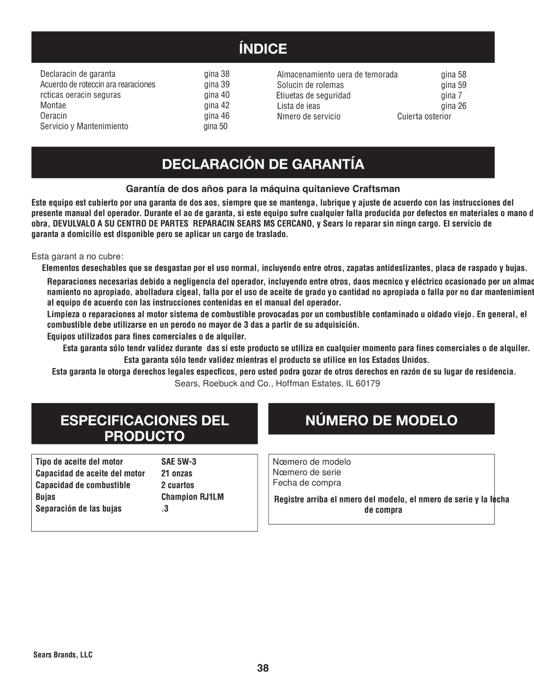 Sears 247.88355 operating instructions Índice, Declaración DE Garantía, Especificaciones DEL Producto, Número DE Modelo 