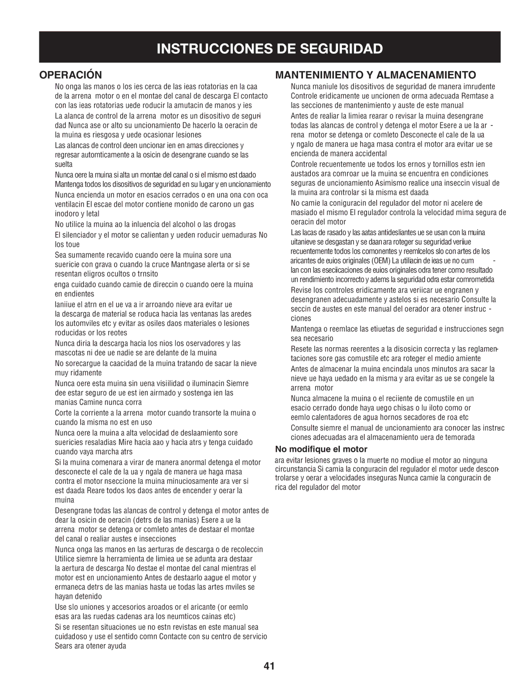 Sears 247.88355 operating instructions Operación, Mantenimiento y almacenamiento 