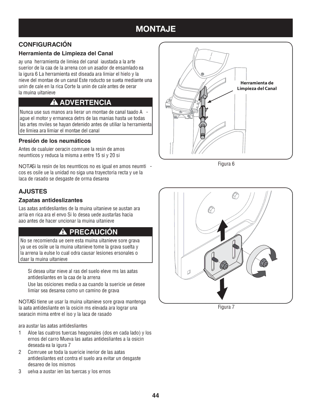 Sears 247.88355 operating instructions Configuración, Ajustes, Herramienta de Limpieza del Canal, Presión de los neumáticos 