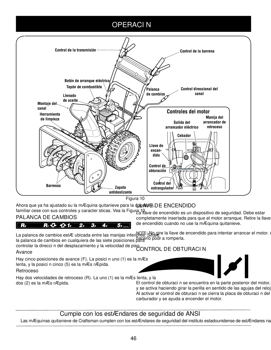 Sears 247.88355 Operación, Controles del motor, Palanca de cambios Llave de encendido, Control de obturación 