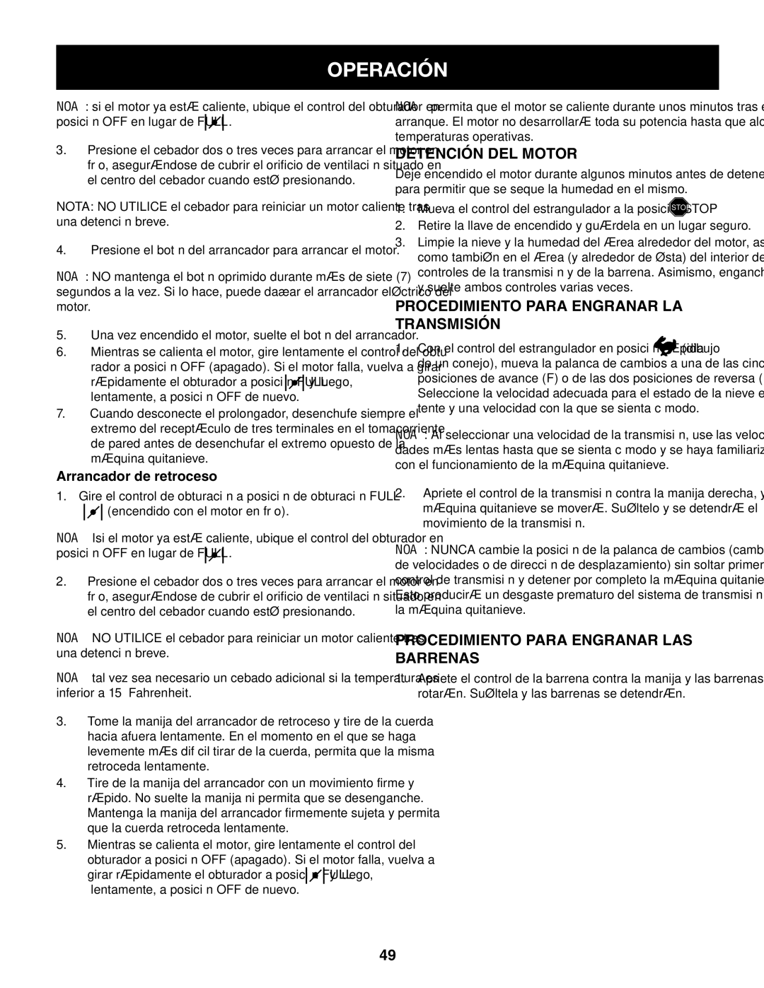 Sears 247.88355 Detención del motor, Procedimiento para engranar la transmisión, Procedimiento para engranar las barrenas 