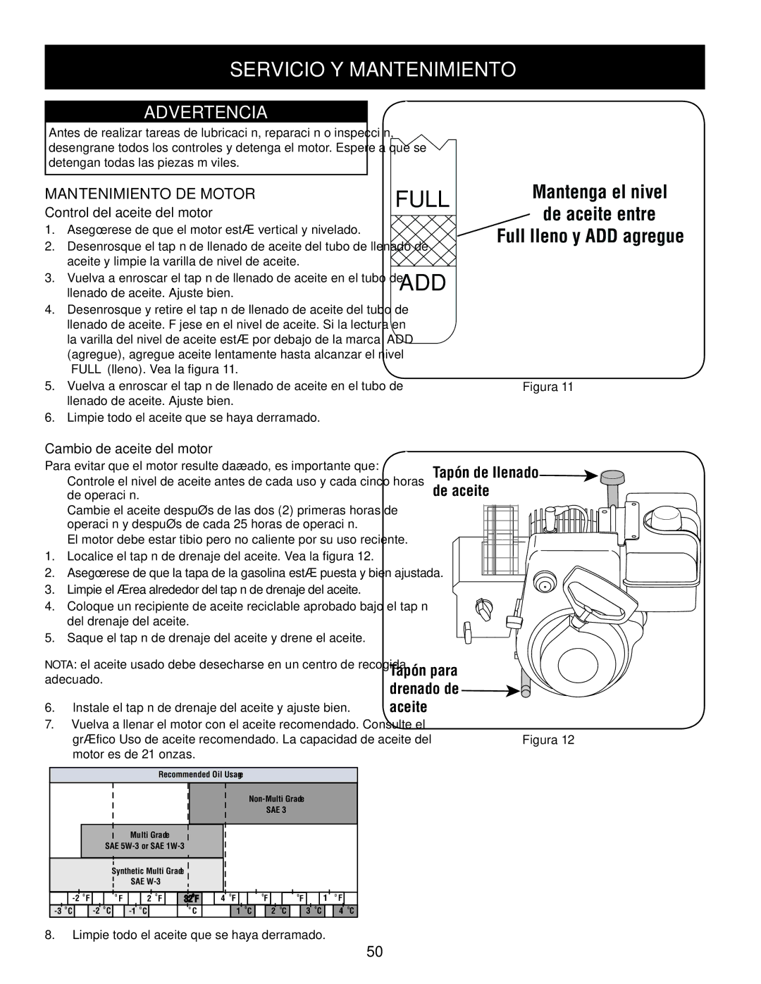 Sears 247.88355 Servicio Y Mantenimiento, Mantenimiento de Motor, Tapón para drenado de aceite, Cambio de aceite del motor 