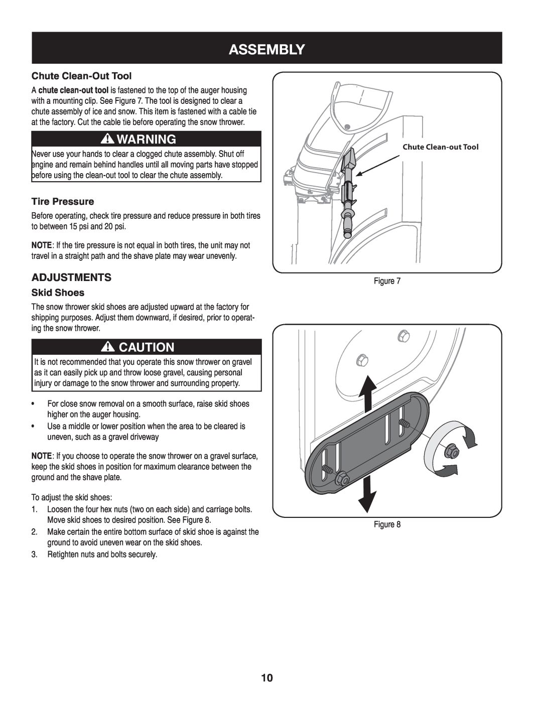 Sears 247.8879 operating instructions Assembly, Adjustments, Chute Clean-Out Tool, Tire Pressure, Skid Shoes 