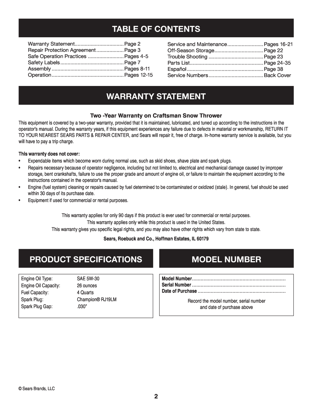 Sears 247.8879 Table Of Contents, Warranty Statement, Product Specifications, Model Number, This warranty does not cover 