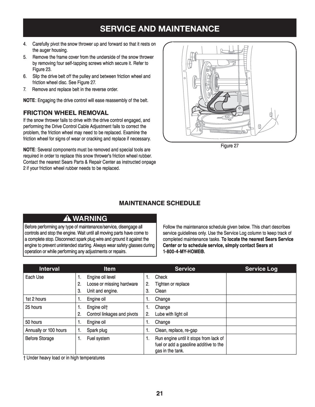Sears 247.8879 Service And Maintenance, Friction Wheel Removal, Maintenance Schedule, Interval, Service Log 