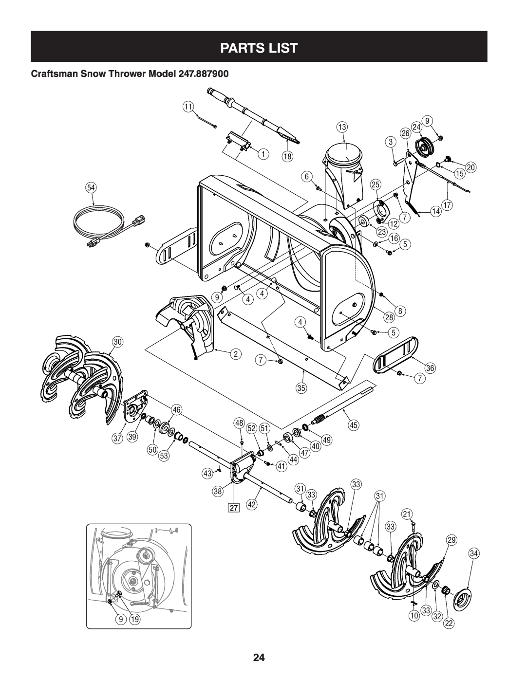 Sears 247.8879 operating instructions Parts List, Craftsman Snow Thrower Model 