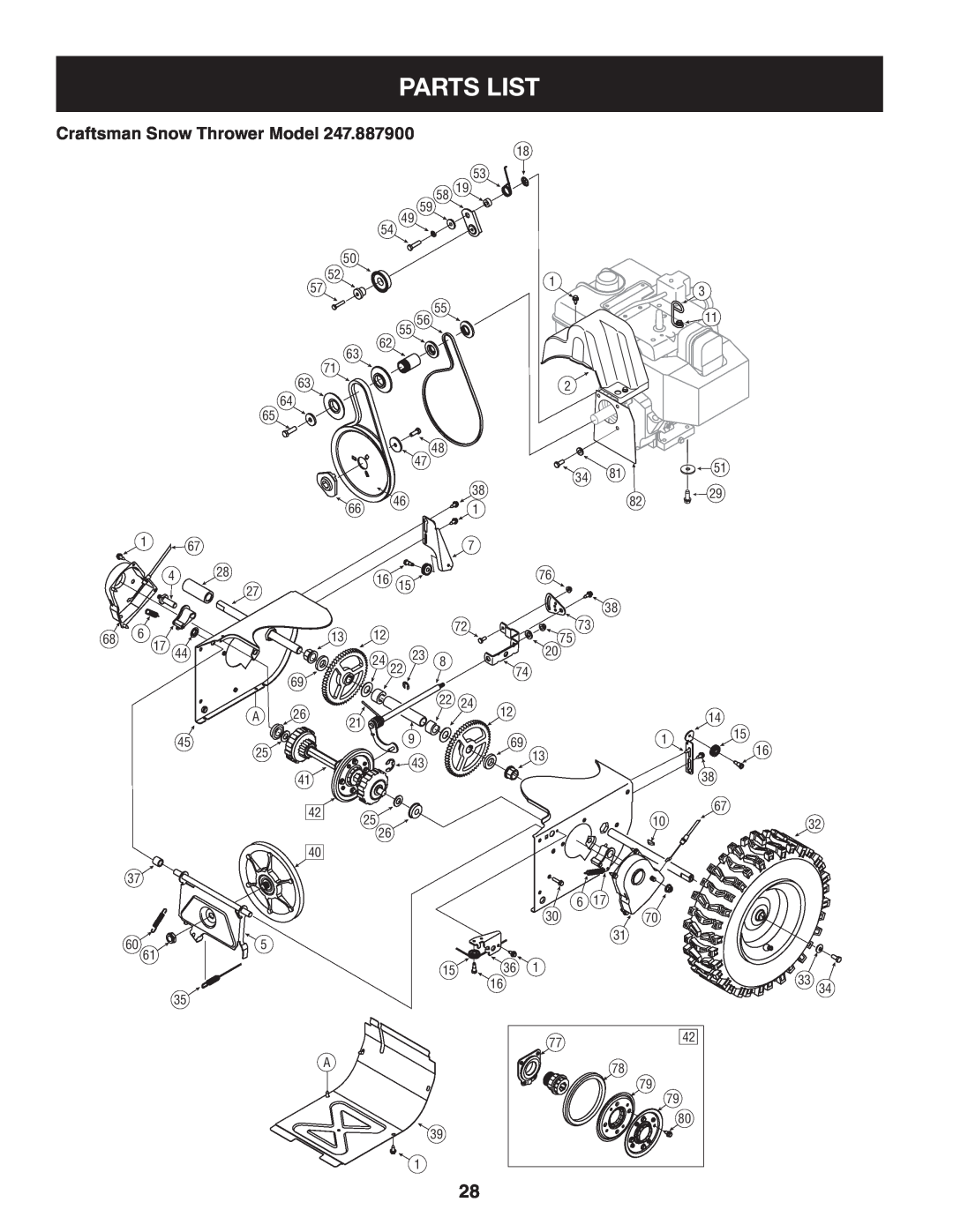 Sears 247.8879 operating instructions Parts List, Craftsman Snow Thrower Model 