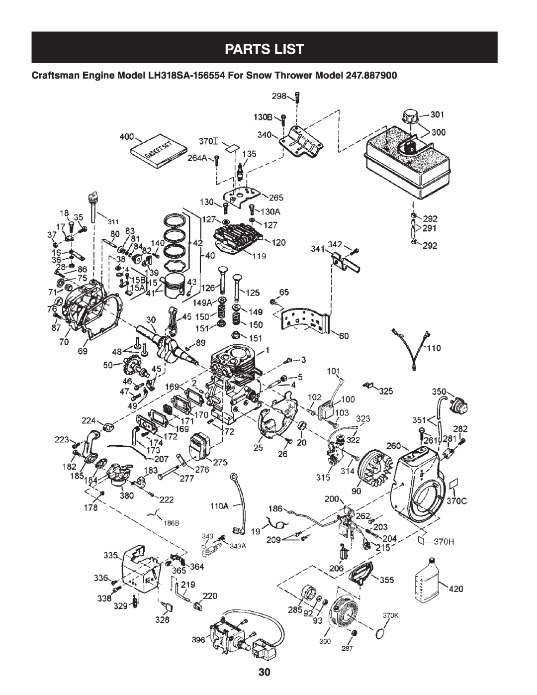 Sears 247.8879 operating instructions Parts List, Craftsman Engine Model LH318SA-156554 For Snow Thrower Model 